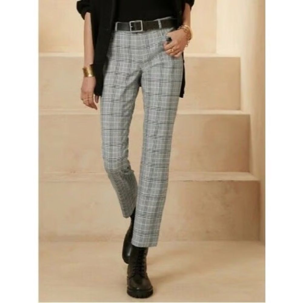 Banana Republic Sloan Grey Black White Navy Houndstooth Plaid Pants Sz 6